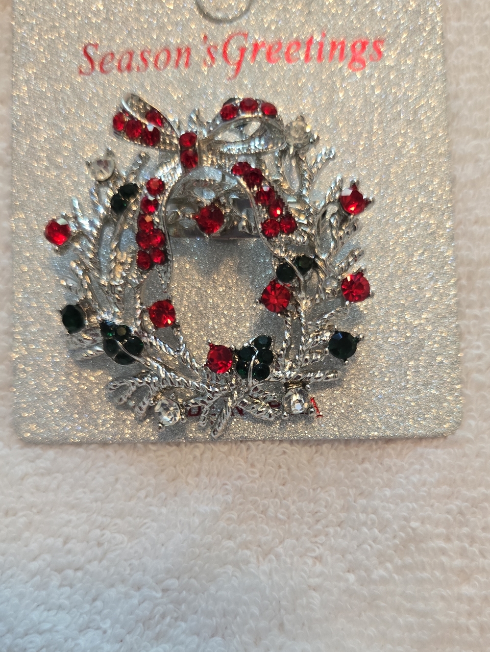 Silver Wreath Pin with Red & Green Stones. Perfect For Christmas.